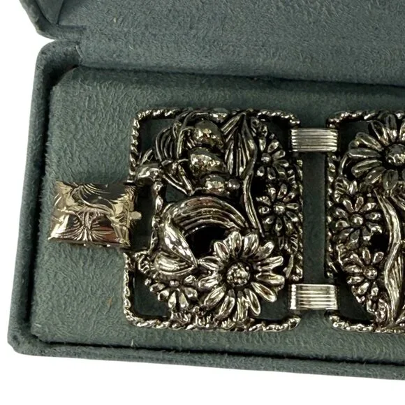 Vintage Sarah Coventry Floral SilverTone Panel Bracelet Antique Garden Sunflower - Picture 5 of 13